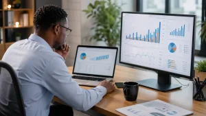 Business owner reviewing marketing analytics dashboard on laptop and monitor