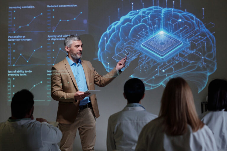 man giving presentation on microchip implant